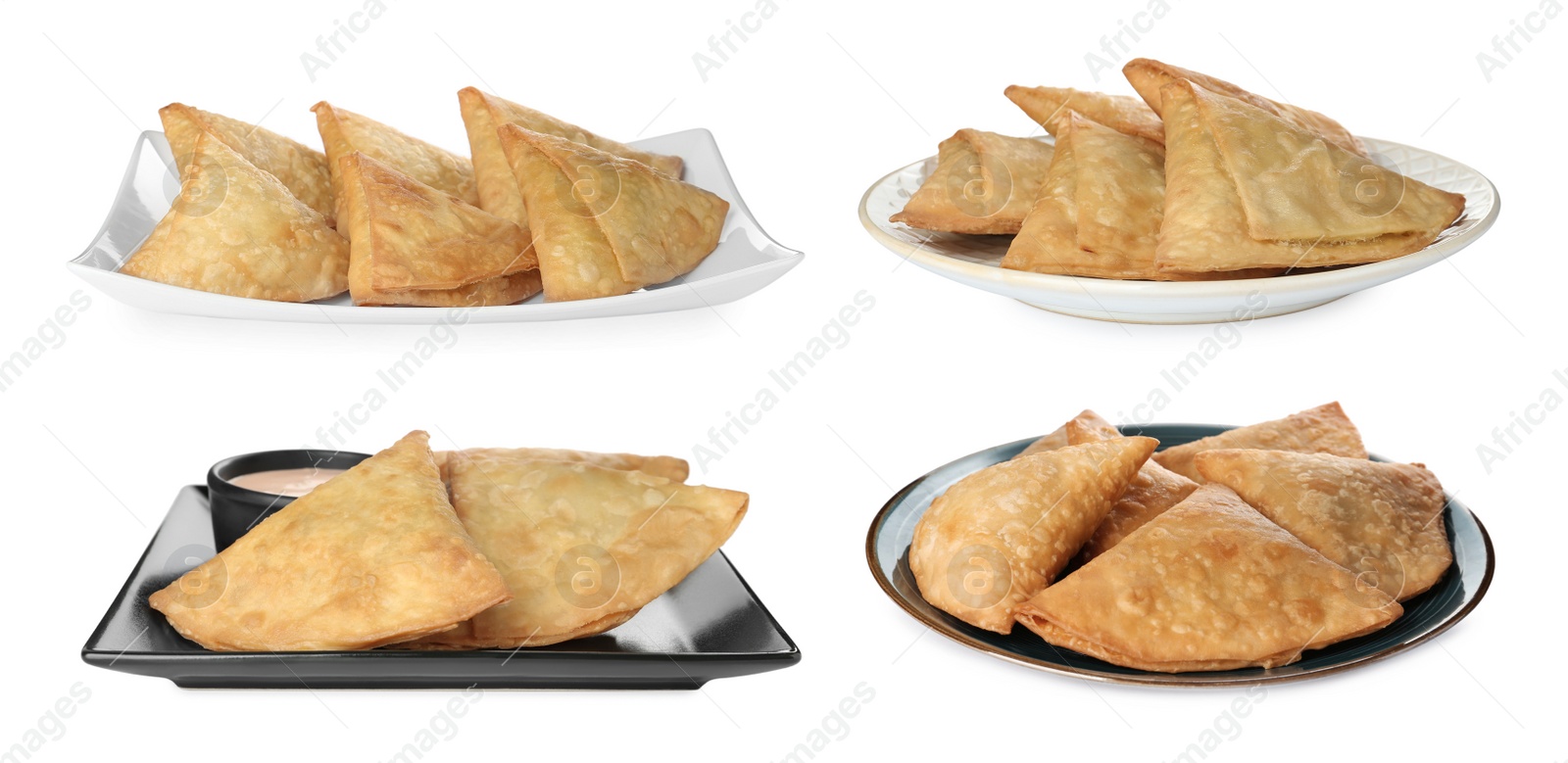 Image of Crispy delicious samosas on white background, collage. Banner design