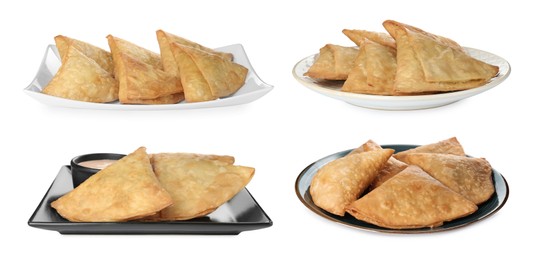 Image of Crispy delicious samosas on white background, collage. Banner design