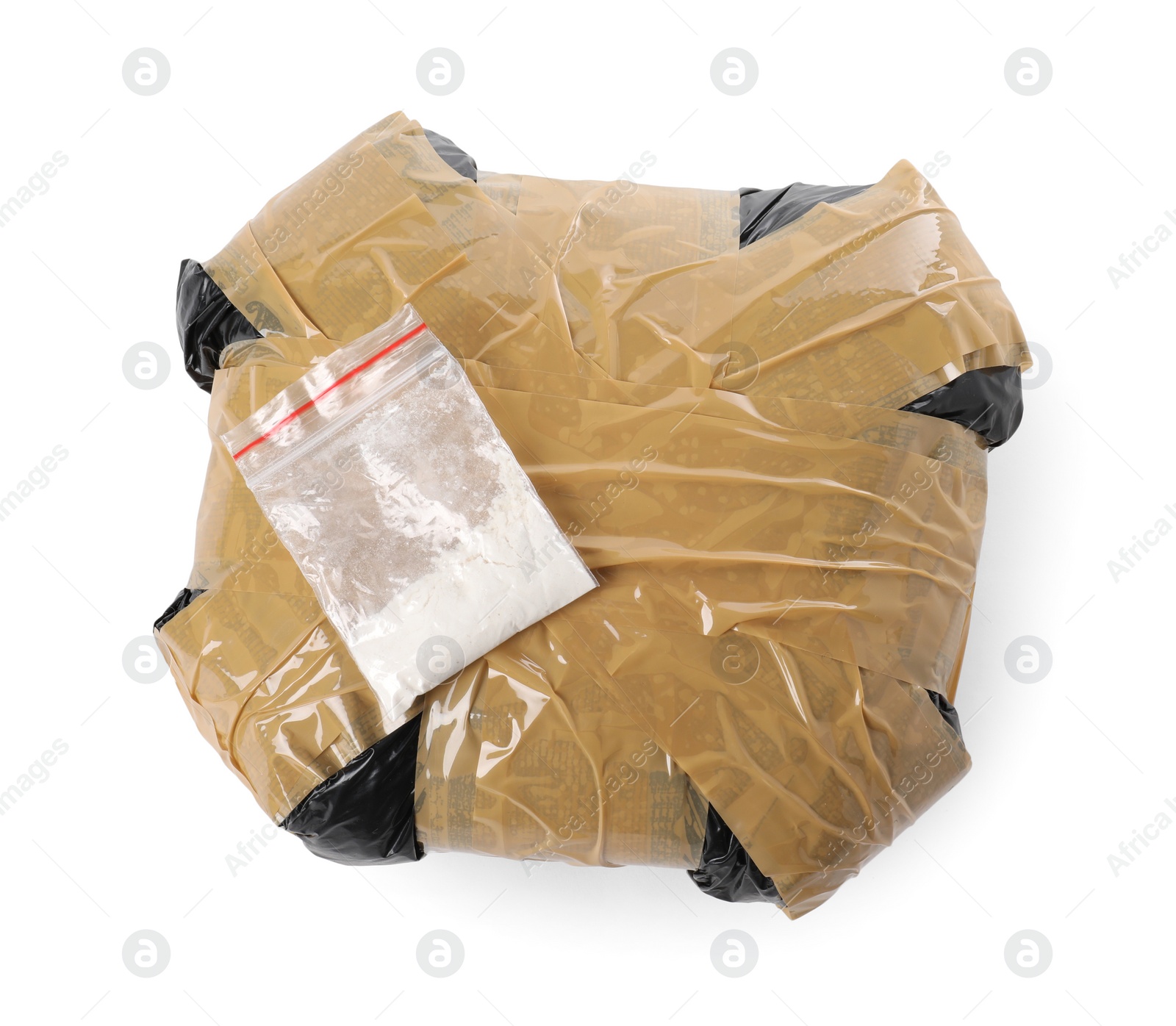 Photo of Packages with narcotics isolated on white. Drug addiction