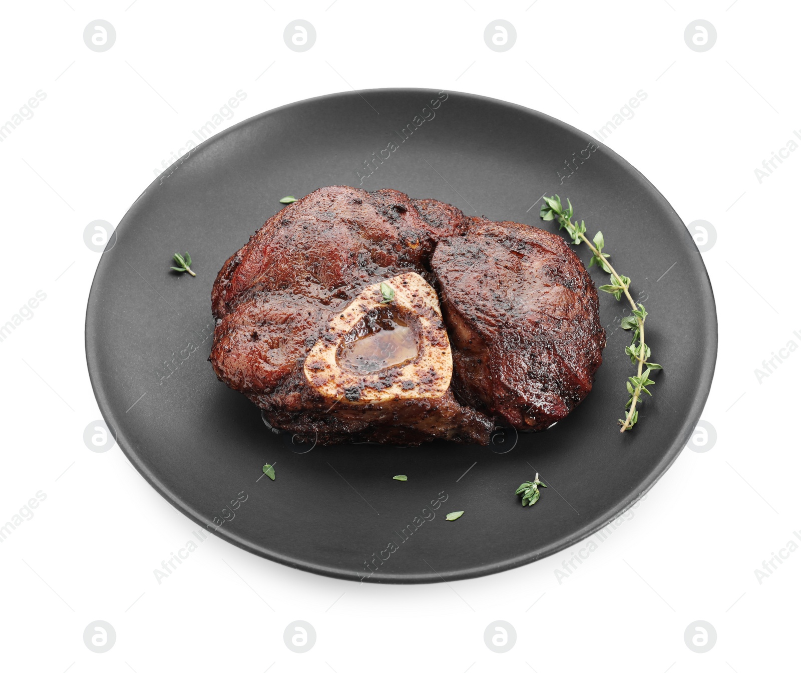 Photo of Delicious grilled beef meat with thyme isolated on white