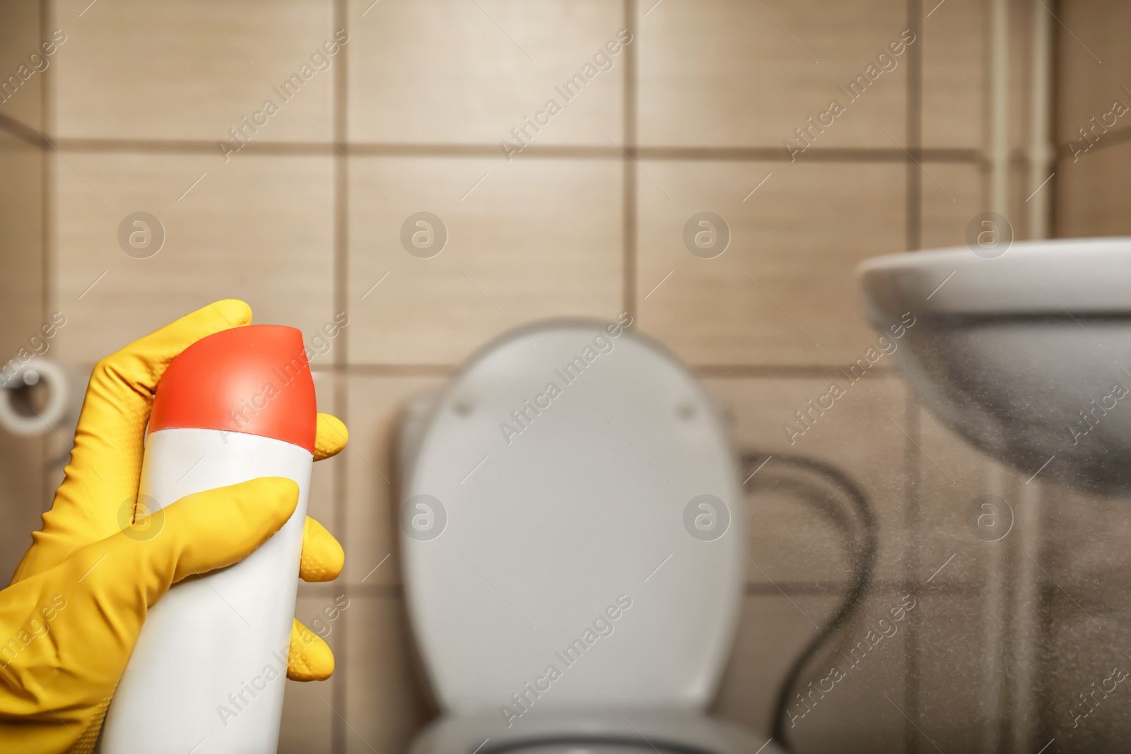 Photo of Person spraying air freshener in bathroom