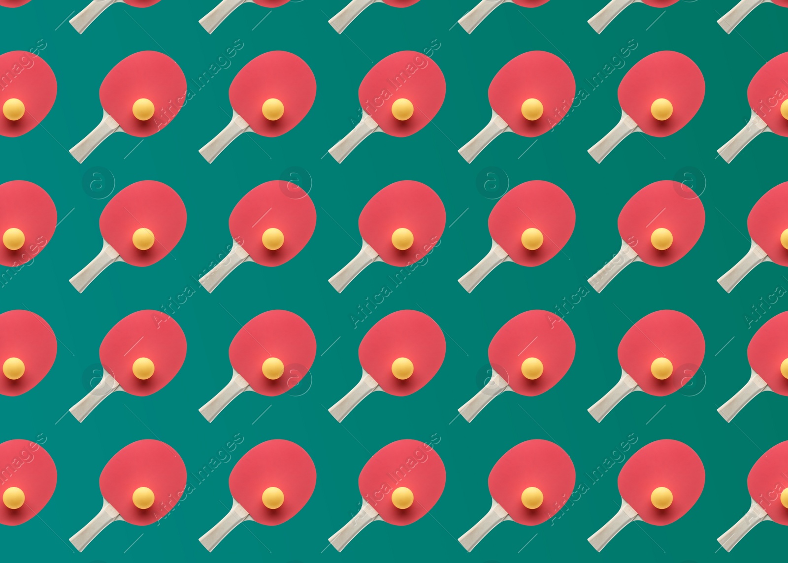 Image of Table tennis paddles and balls on color background, flat lay