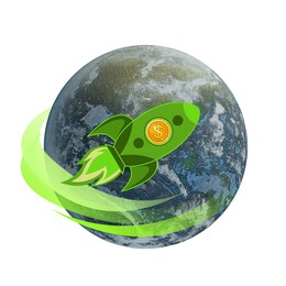 Image of Rocket with dollar sign flying around planet symbolizing speed of money transaction. Illustration on white background