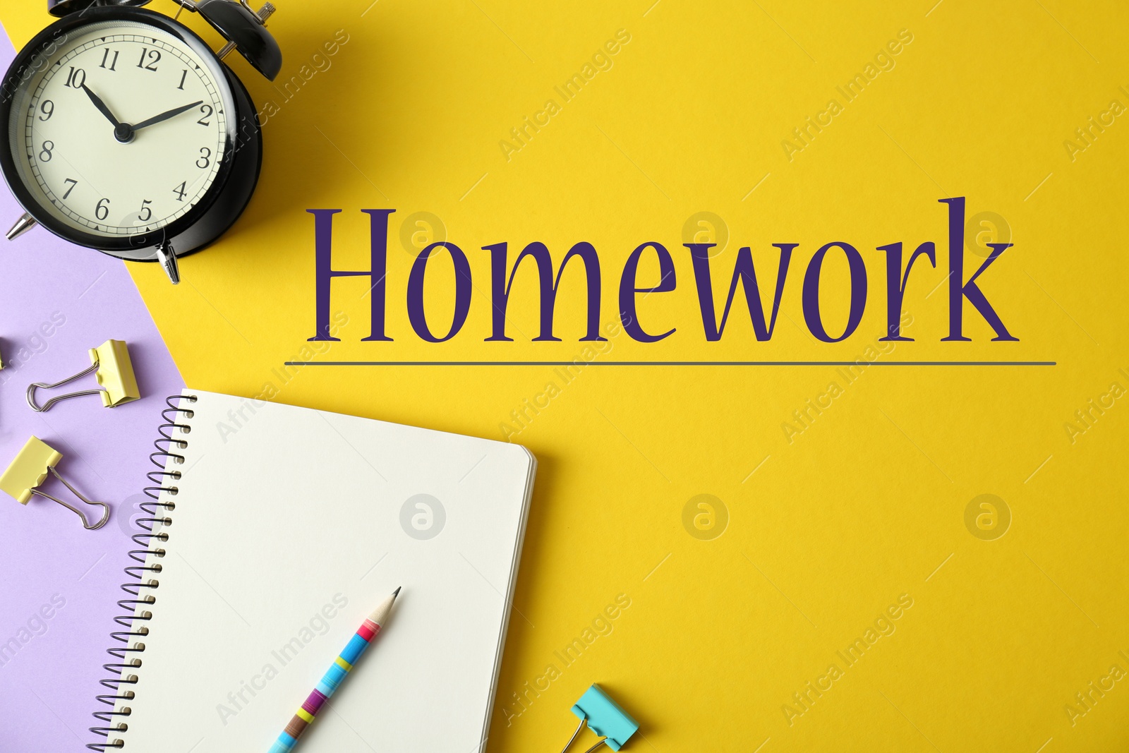 Image of Flat lay composition with stationery and inscription HOMEWORK on yellow background