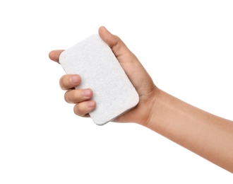 Photo of Woman holding cleaning sponge for dish washing on white background, closeup