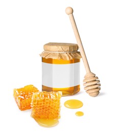 Image of Sweet honey in glass jar with blank label, wooden honey dipper and pieces of honeycomb on white background. Mockup for design