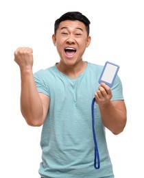 Emotional asian man with vip pass badge on white background