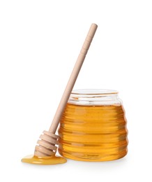 Tasty honey in glass jar and dipper isolated on white