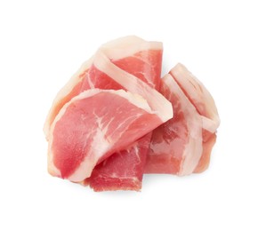 Photo of Slices of delicious jamon on white background, top view