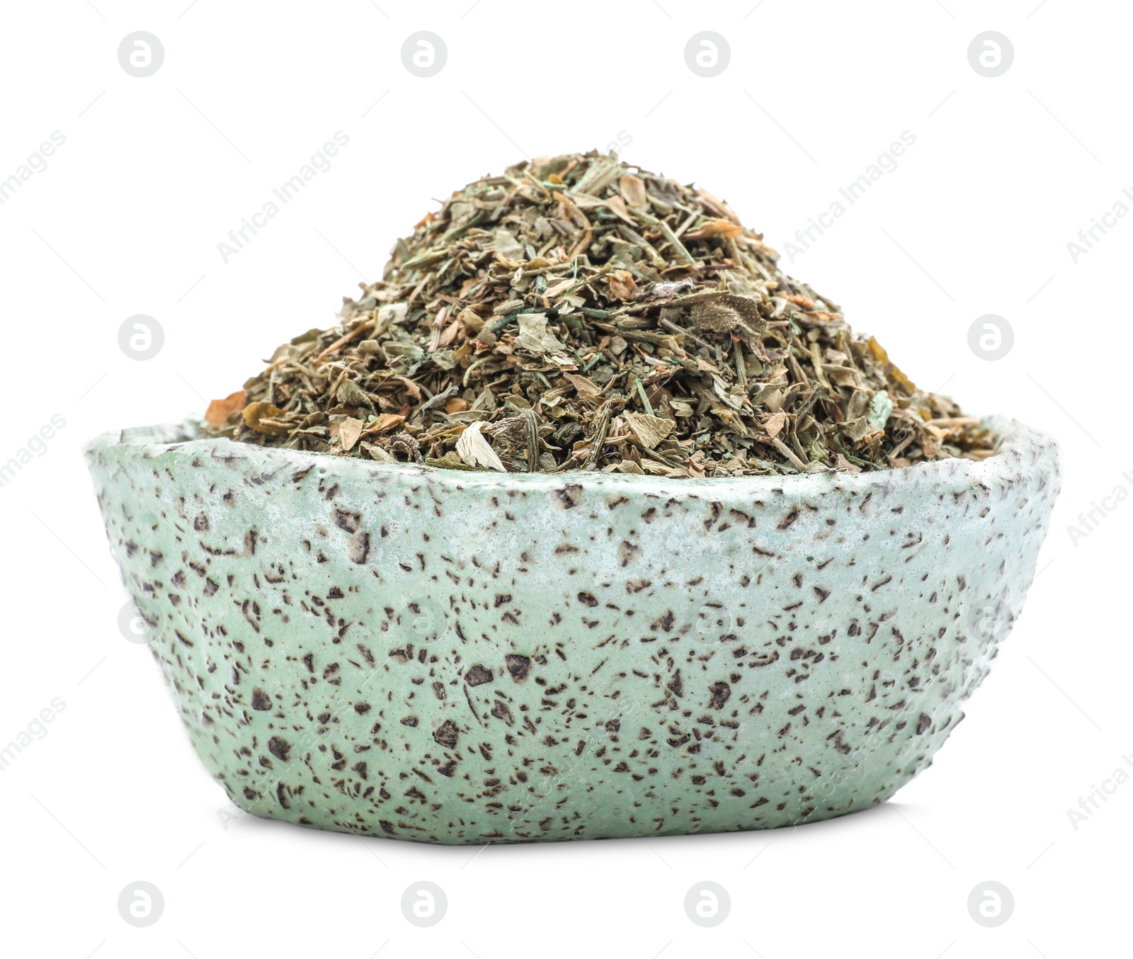 Photo of Bowl with dried parsley on white background