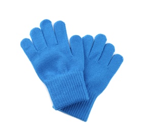 Photo of Blue woolen gloves on white background, top view. Winter clothes