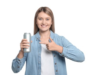 Photo of Beautiful happy woman holding beverage can on white background