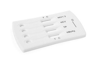 Photo of Disposable express test for hepatitis on white background