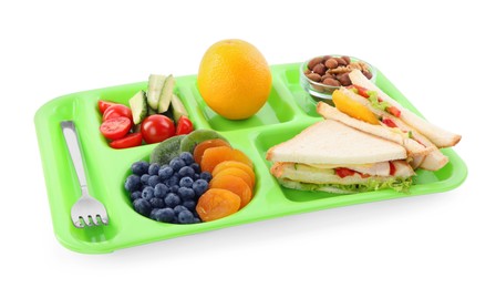 Photo of Serving tray with tasty healthy food isolated on white. School dinner