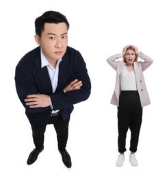 Big man and shocked small woman on white background