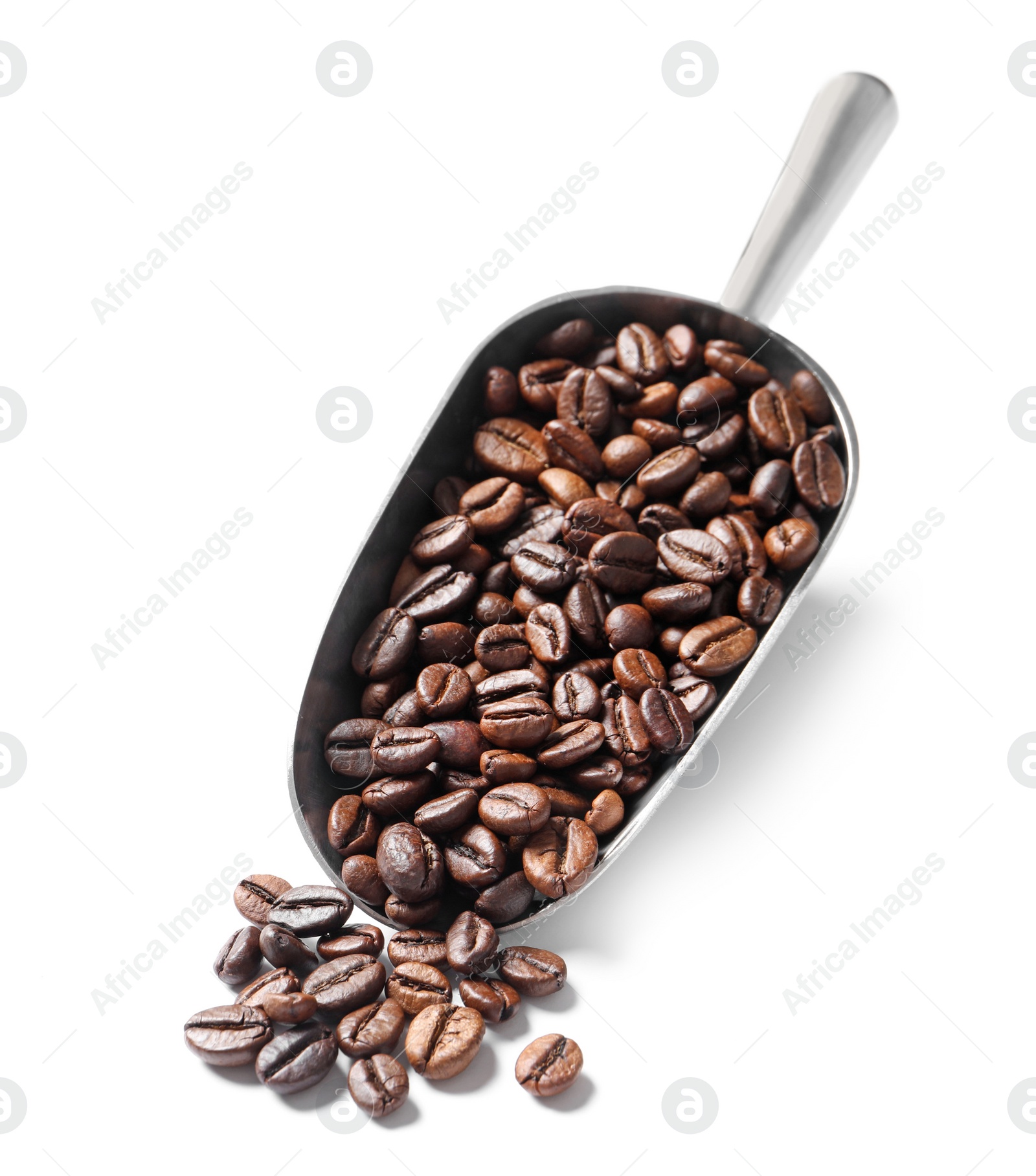 Photo of Scoop with roasted coffee beans on white background