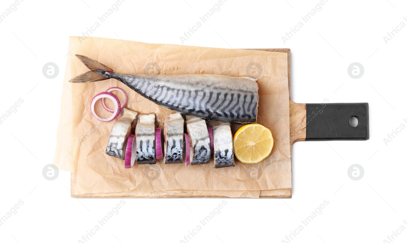 Photo of Wooden board with tasty salted mackerel, onion and lemon isolated on white, top view