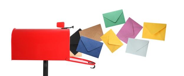 Image of Different color envelopes flying out from red letter box on white background. Banner design