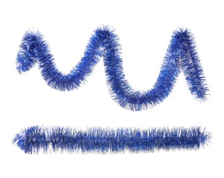 Image of Shiny blue tinsels on white background, collage. Christmas decoration