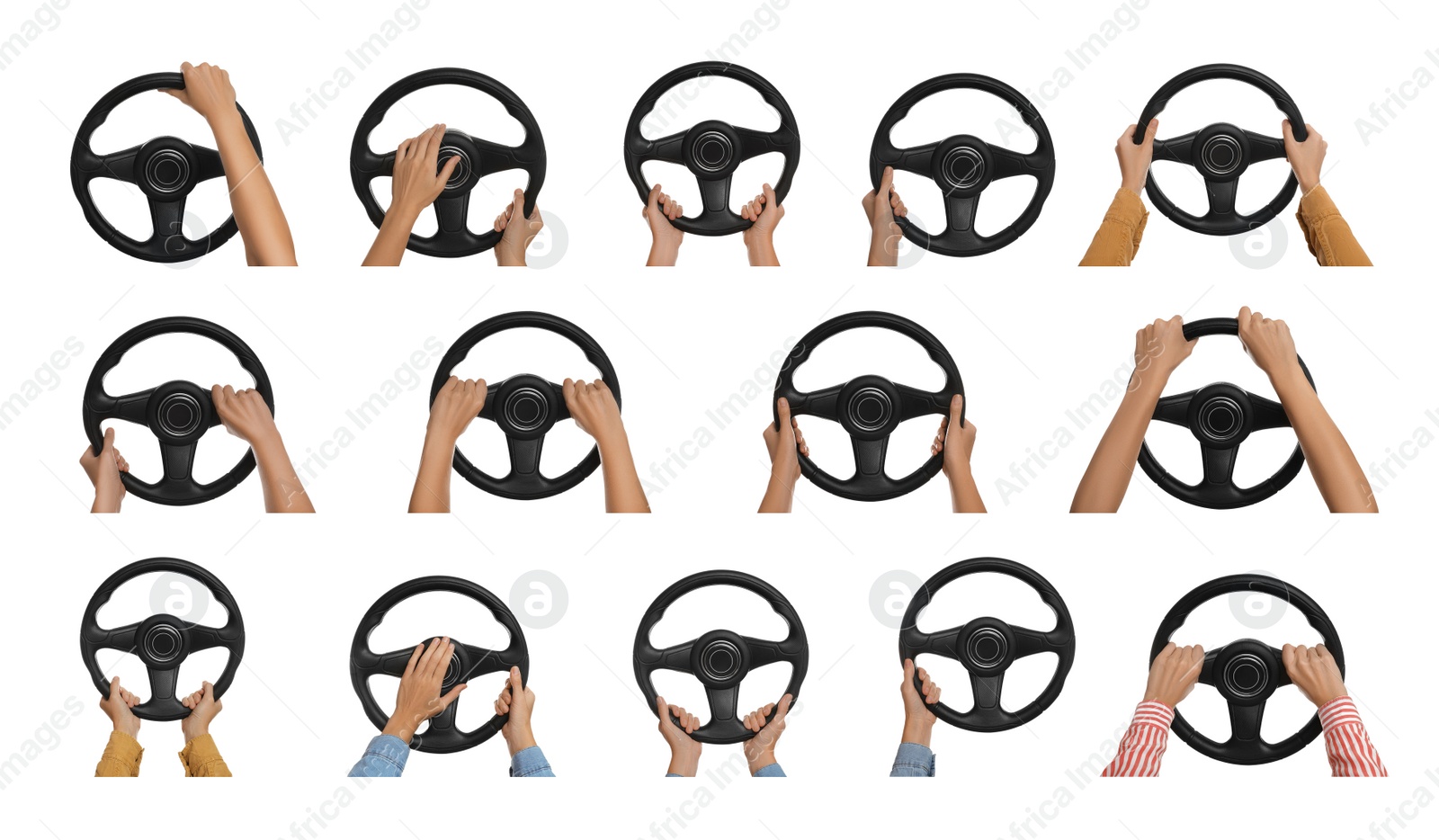 Image of Collage with photos of women with steering wheels on white background, closeup 