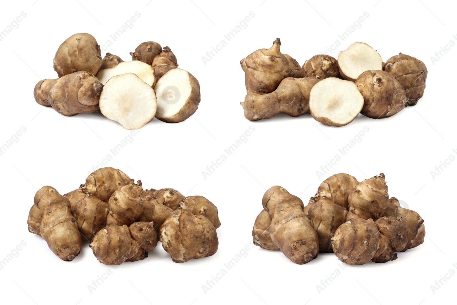 Image of Collage with Jerusalem artichokes on white background