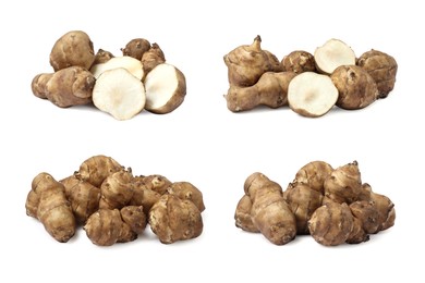 Collage with Jerusalem artichokes on white background