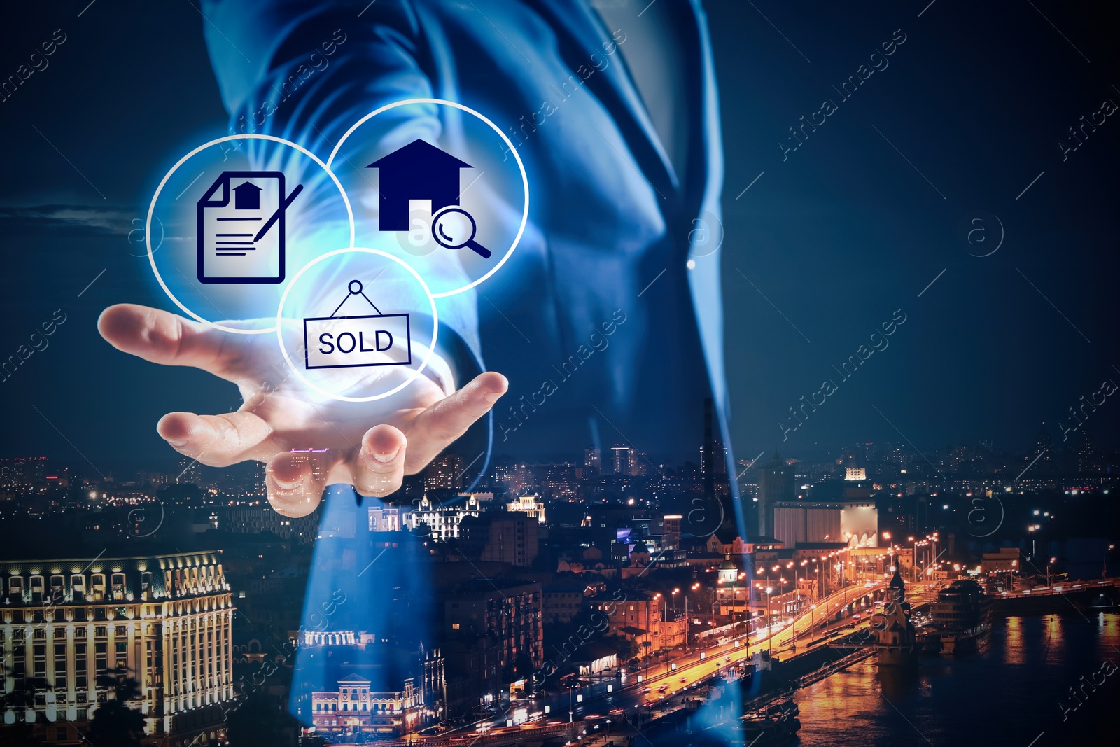 Image of Double exposure of real estate agent with icons and night city
