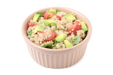 Photo of Delicious quinoa salad with tomatoes, avocado and parsley isolated on white
