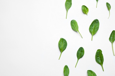 Fresh green healthy spinach on white background, top view