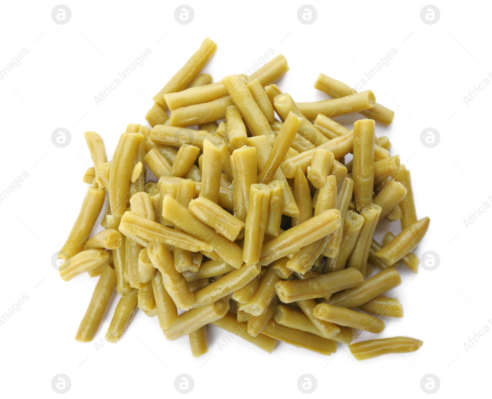 Photo of Pile of canned green beans on white background, top view