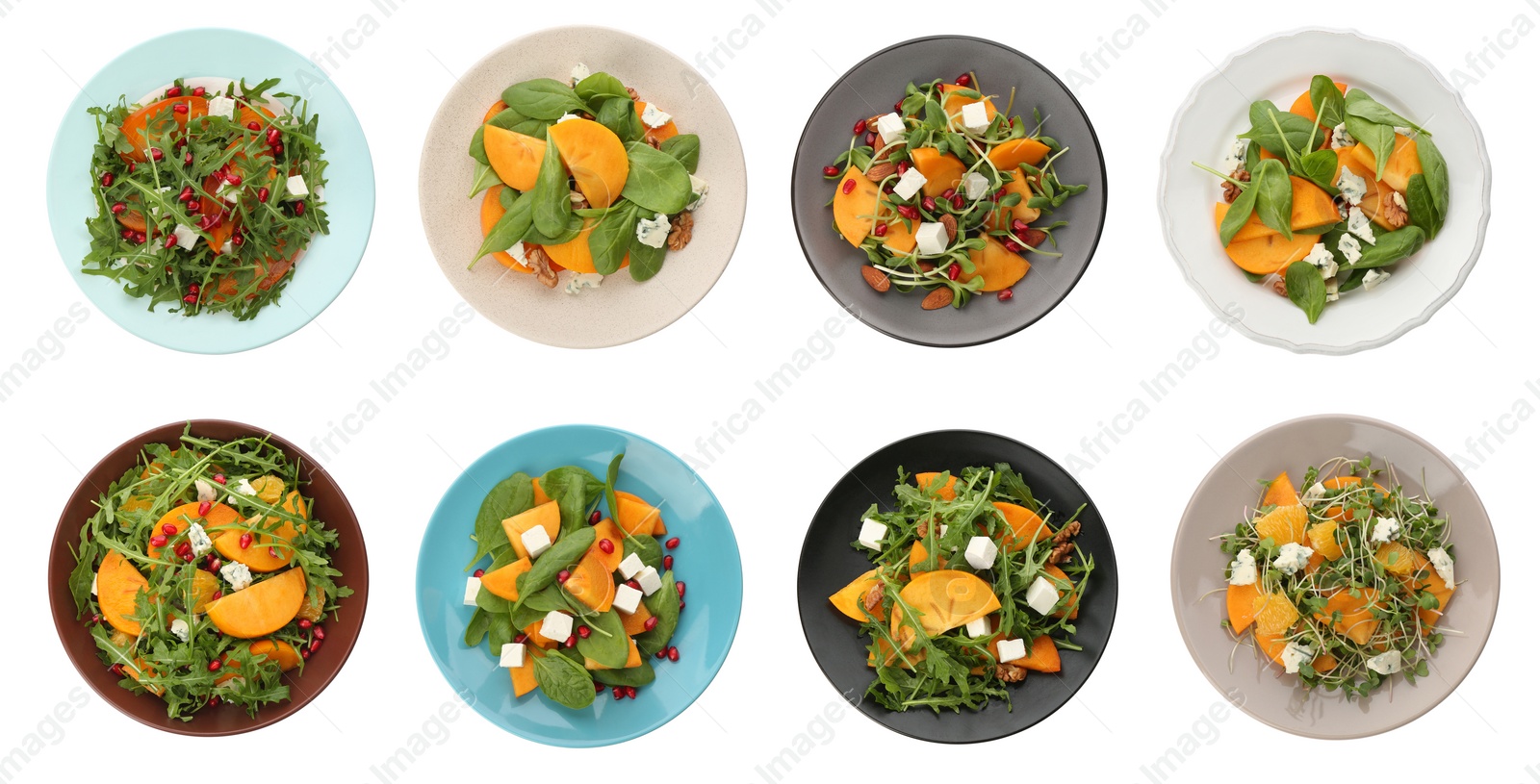 Image of Set with tasty persimmon salads on white background, top view. Banner design