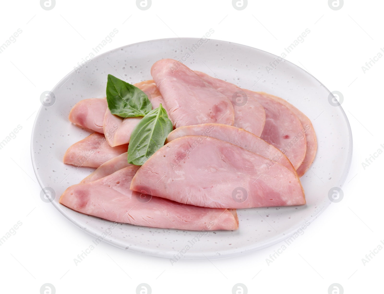 Photo of Slices of tasty ham and basil isolated on white