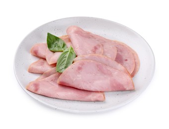 Slices of tasty ham and basil isolated on white