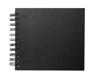 Photo of Stylish black notebook isolated on white, top view