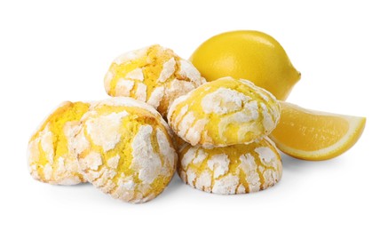 Photo of Tasty homemade lemon cookies and fresh fruits on white background