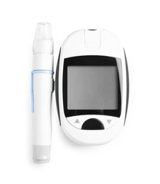 Photo of Glucometer and lancet pen on white background, top view. Diabetes testing kit