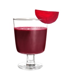 Photo of Glass of beet smoothie on white background