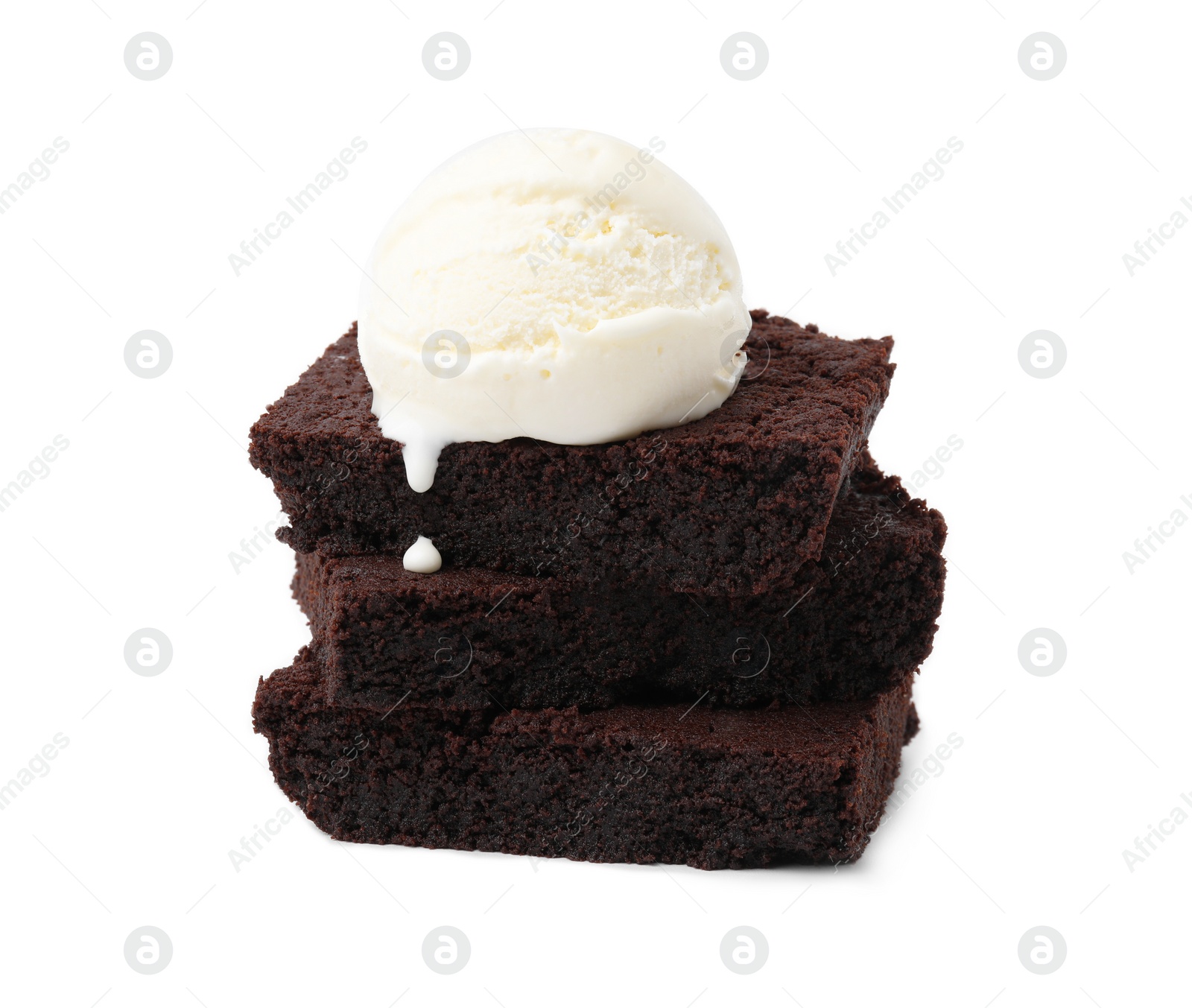 Photo of Tasty brownies with ice cream isolated on white