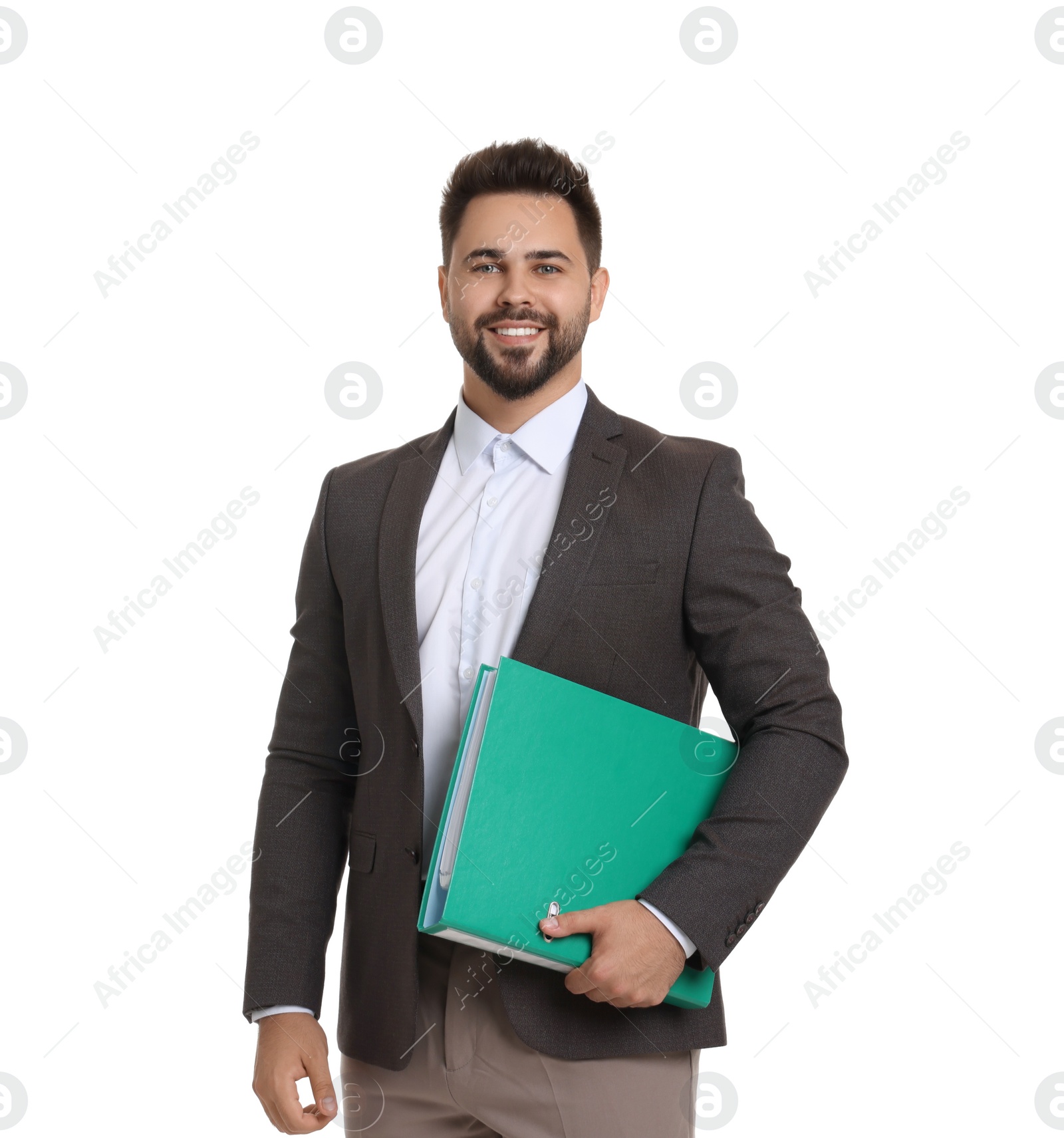 Photo of Happy man with folder on white background