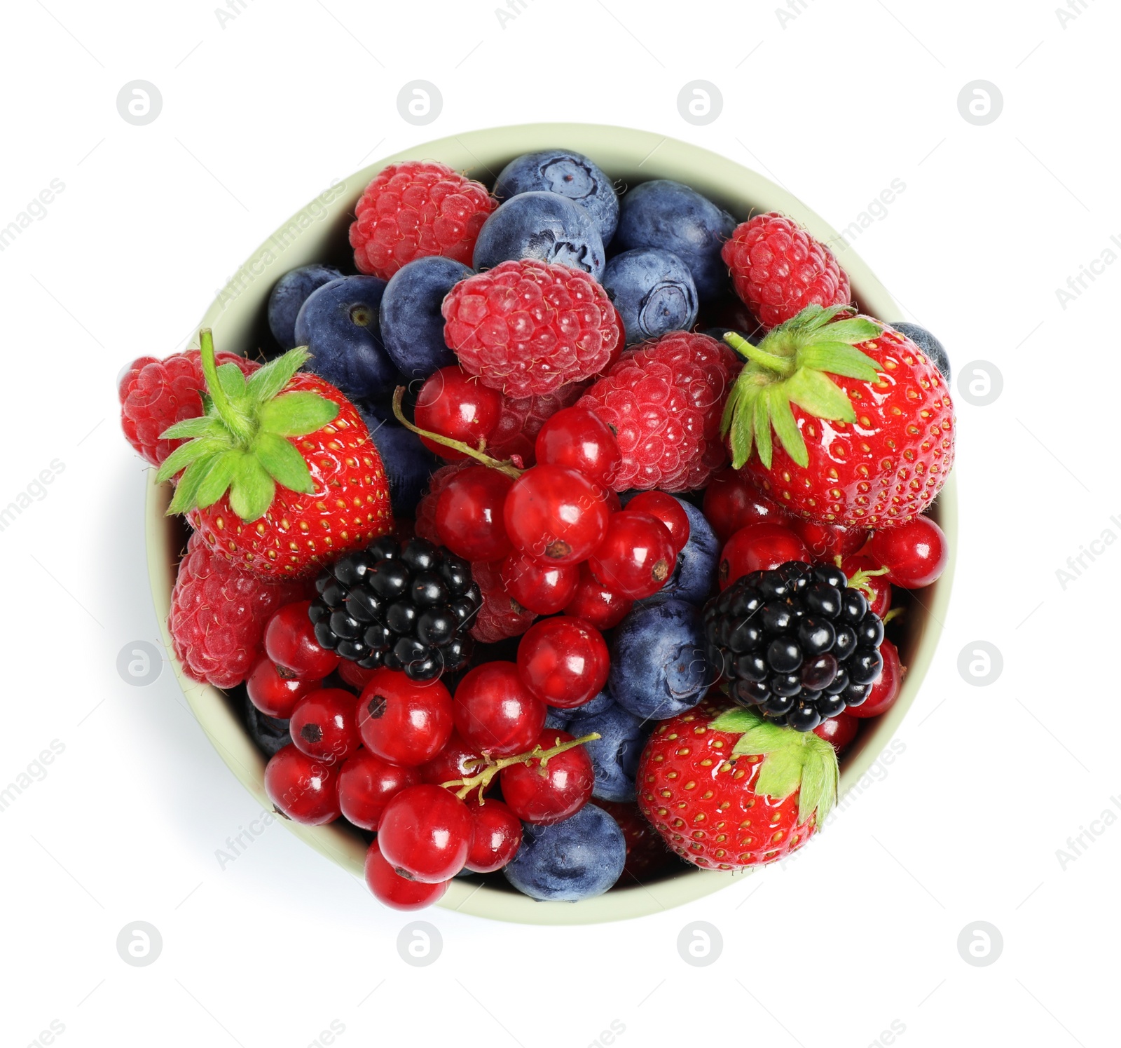 Photo of Mix of berries in bowl isolated on white, top view