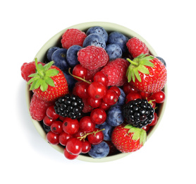 Photo of Mix of berries in bowl isolated on white, top view