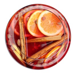 Photo of Glass bowl of aromatic punch drink isolated on white, top view