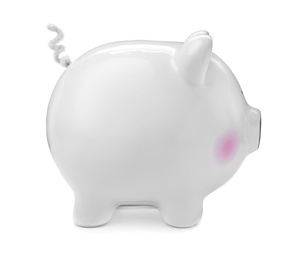 Photo of Cute piggy bank on white background. Money saving