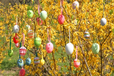 Photo of Beautifully painted Easter eggs hanging on tree outdoors