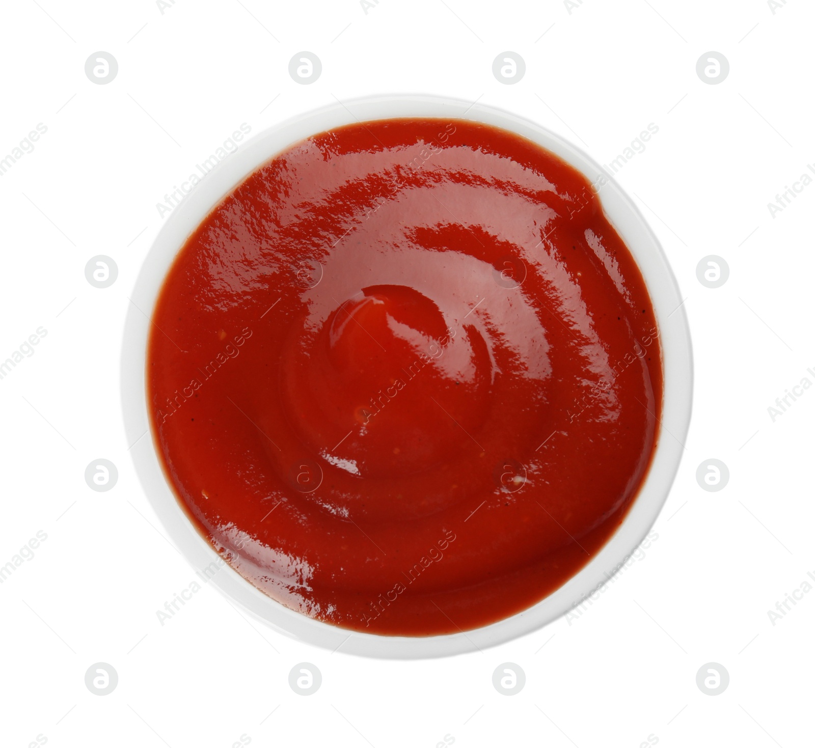 Photo of Tasty homemade tomato sauce in bowl on white background, top view