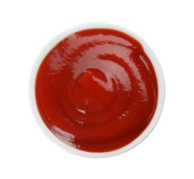 Photo of Tasty homemade tomato sauce in bowl on white background, top view