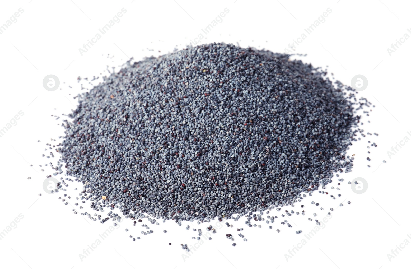 Photo of Heap of poppy seeds on white background