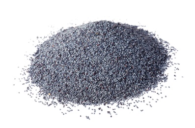 Heap of poppy seeds on white background