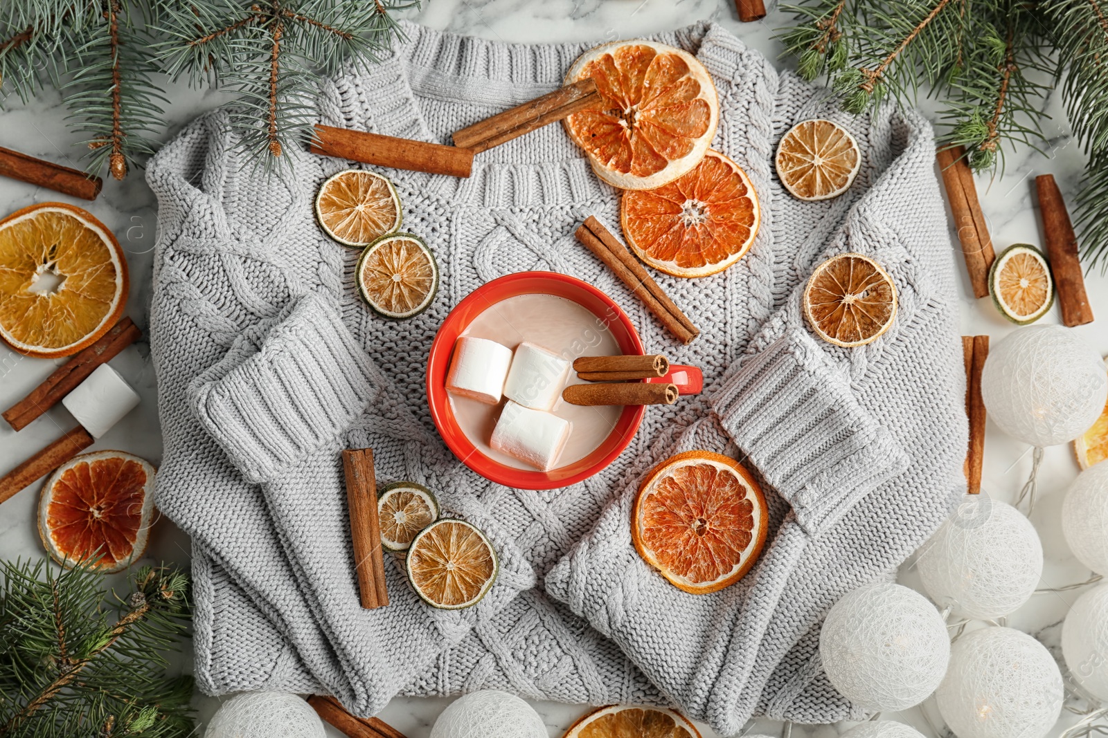 Photo of Flat lay composition with hot cocoa drink on table