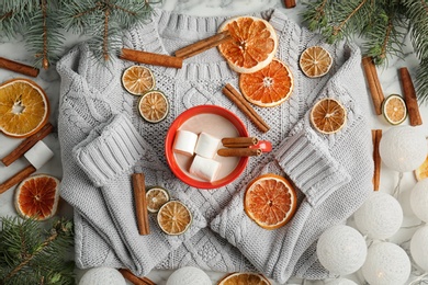 Flat lay composition with hot cocoa drink on table